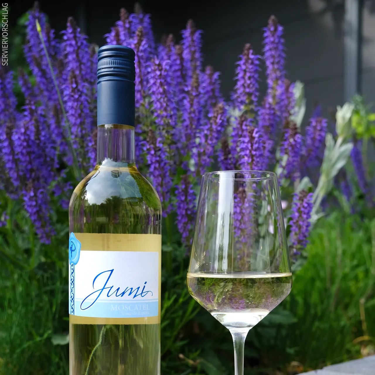 Freuen Sie sich auf einen Wein mit einer feinen und eleganten Würze Ein Glas Weißwein und eine Flasche Jumi Moscatel