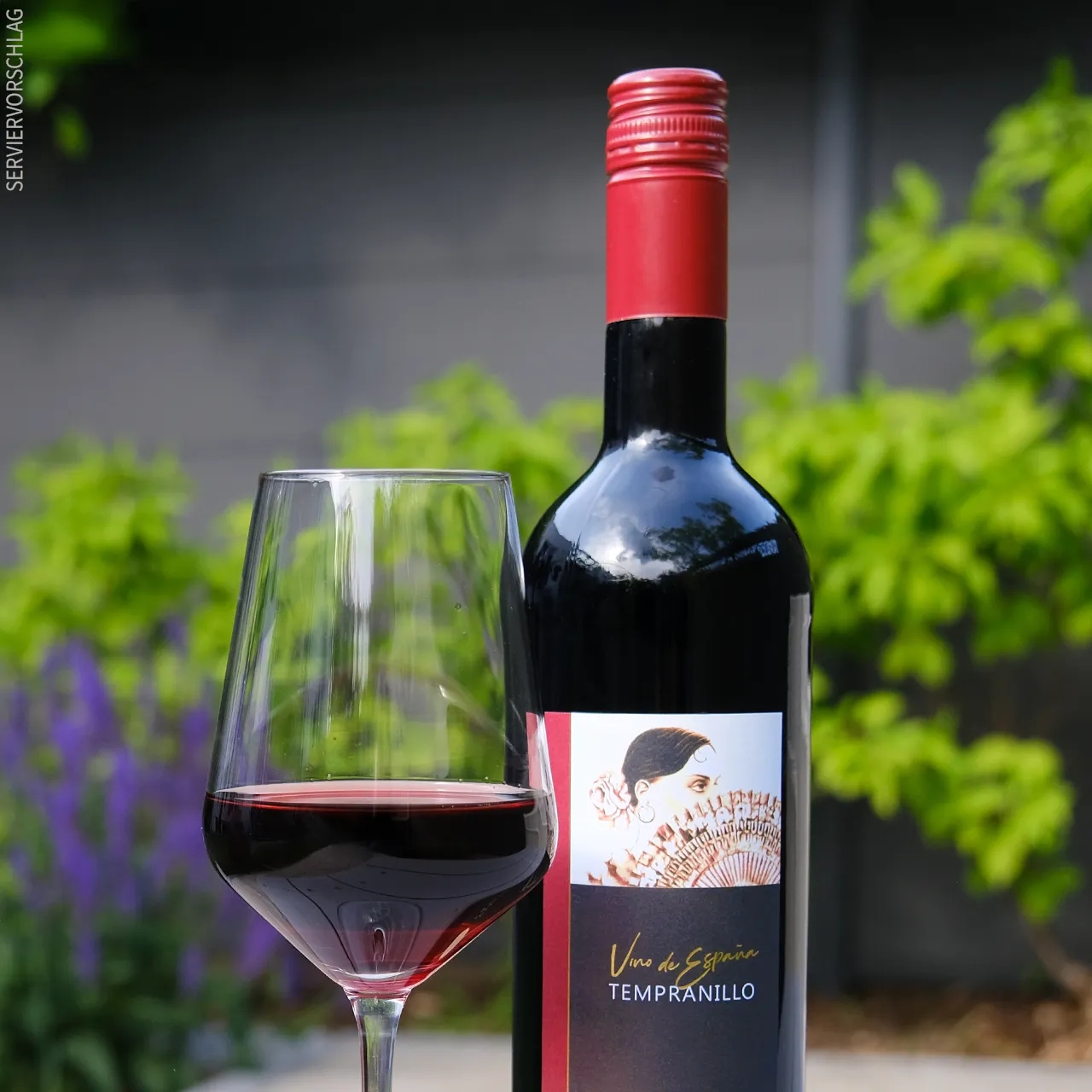 Säurearmer Rotwein für jeden Tag Ein Glas Rotwein und eine Flasche Tempranillo