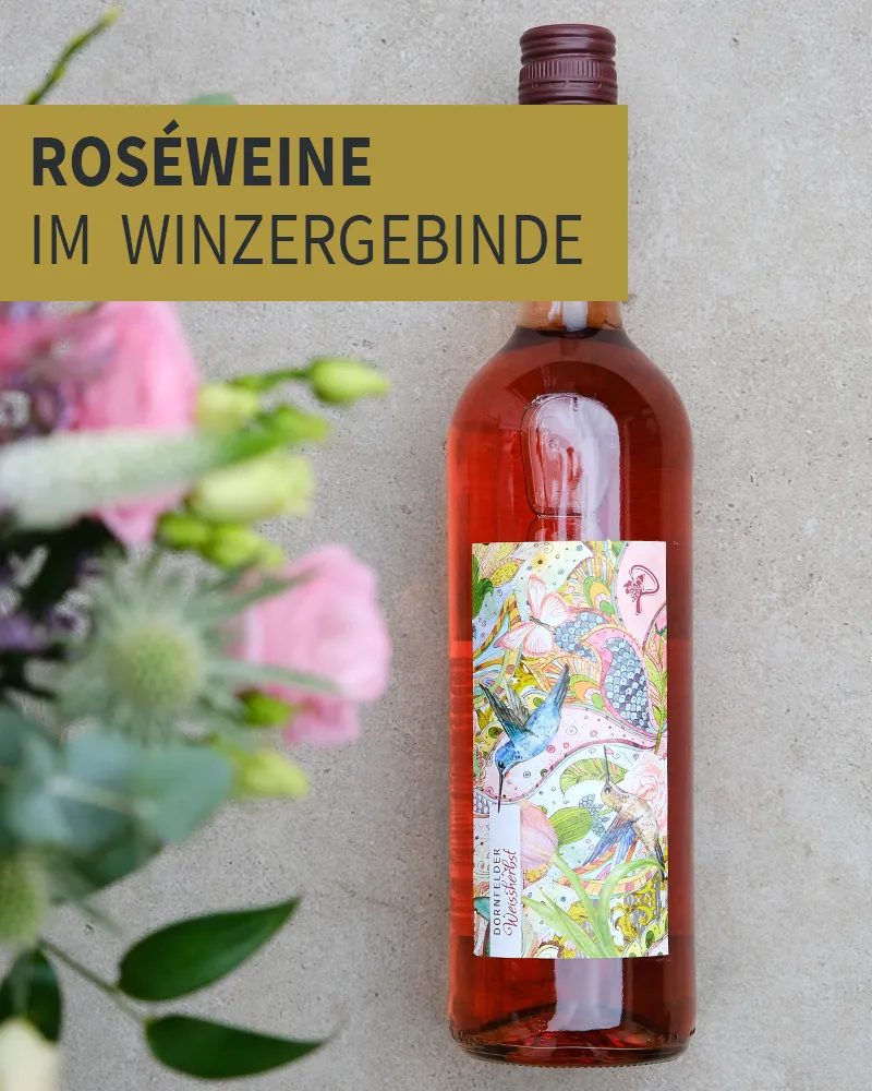 Auf dieser Seite finden Sie unsere hochwertigen Roseweine Blumen und eine Flasche Rosewein
