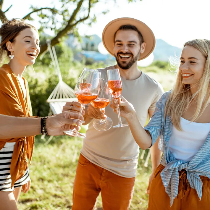 Entdecken Sie unsere Auswahl an Weinpaketen und Probierpaketen für jeden Anlass! Menschen stoßen mit Weingläsern an