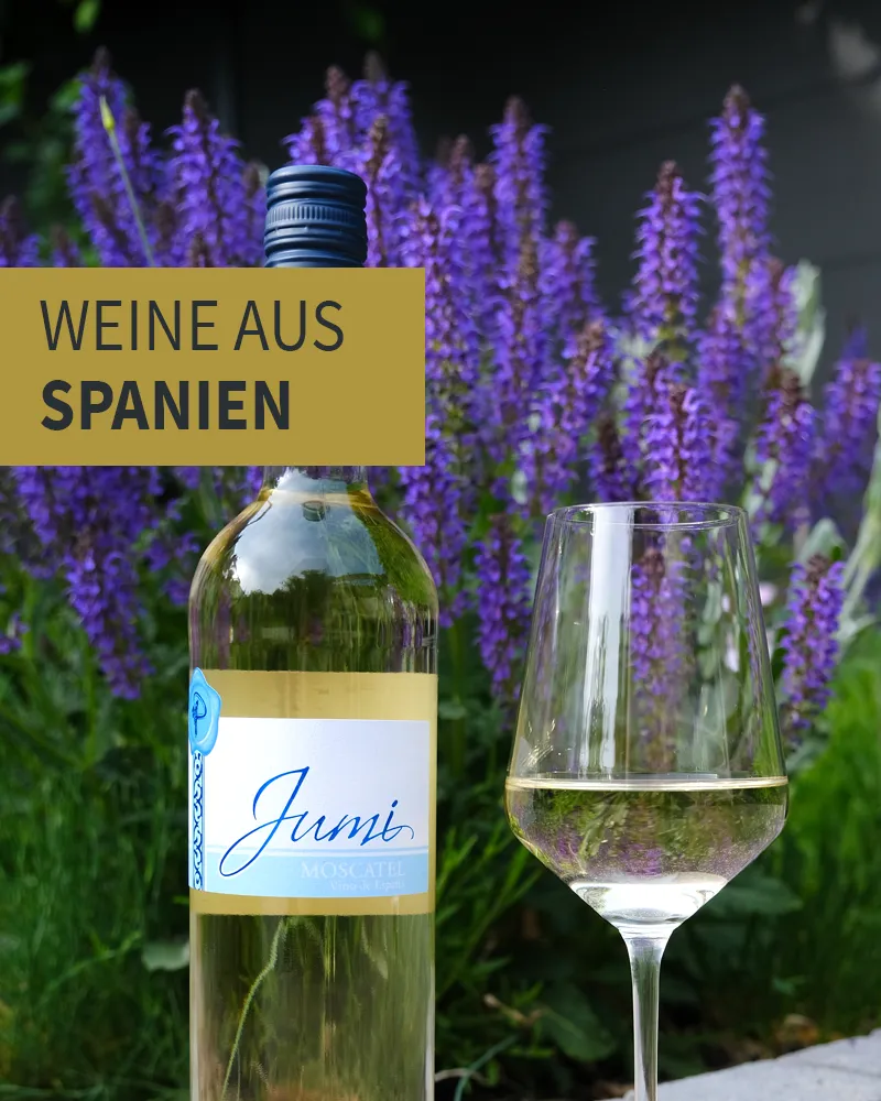 Blumen, eine Flasche spanischen Wein und ein Glas Weißwein
